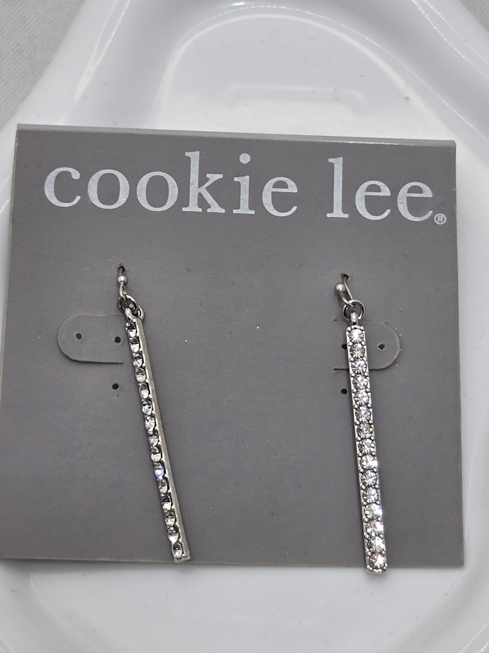✨ NWT Cookie Lee Crystal Bar Drop Earrings 💎 Silver Rhinestone Linear Dangles